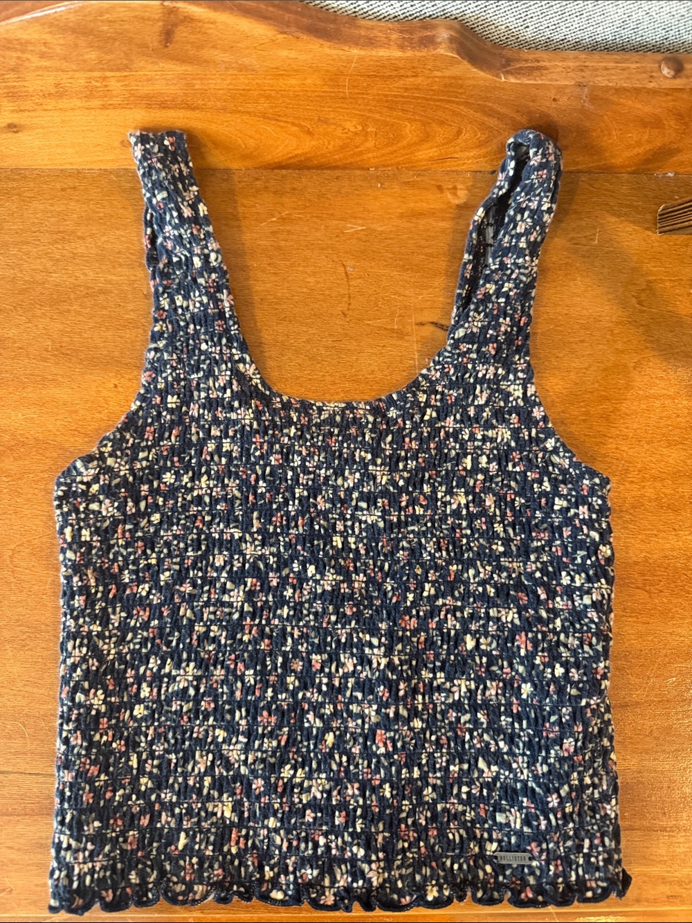 Hollister Navy Smocked Floral Tank with Pink & Cream Accents